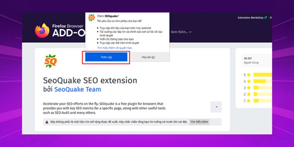 Nhấn vào chữ Thêm trên trình duyệt Firefox để tải SEO Quake Nhấn vào chữ Thêm trên trình duyệt Firefox để tải SEO Quake