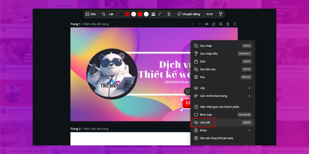 Thêm link liên kết vào mẫu thiết kế website bằng Canva