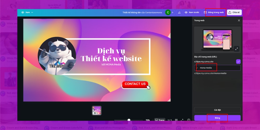 Xuất bản mẫu thiết kế website Canva