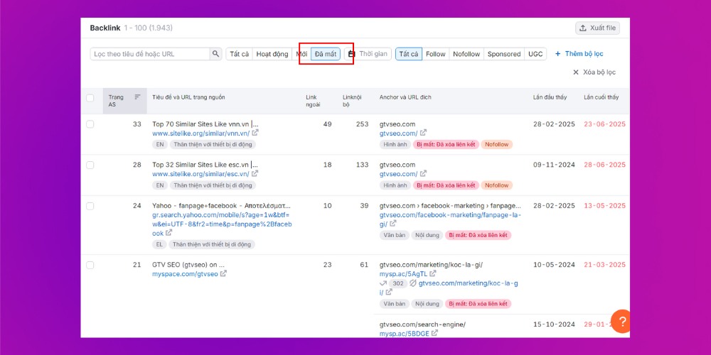 Lưu ý phần backlink đã mất của đối thủ