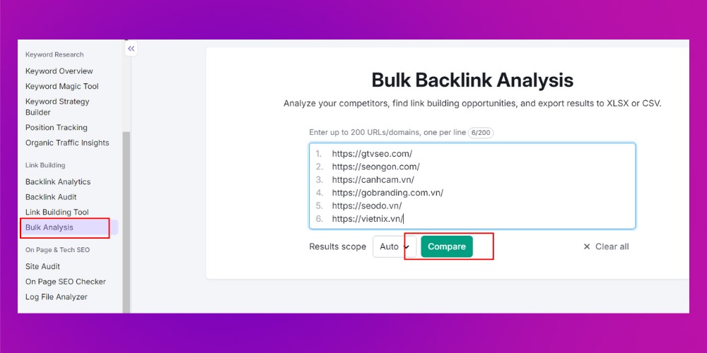Nhập url website đối thủ vào mục Bulk backlink analysis