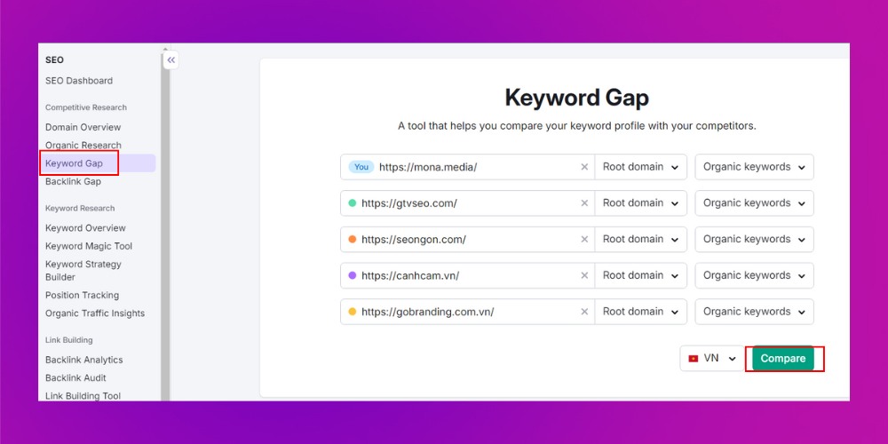 Nhập url của website và của đối thủ vào mục keyword gap