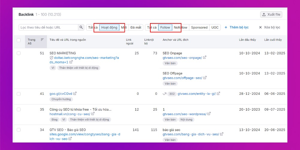 Phân tích backlink bằng bộ lọc Active và Follow