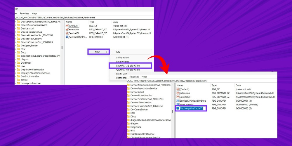 Tạo khóa mới trong Registry Editor và đặt tên là maxnegativecachettl Tạo khóa mới trong Registry Editor và đặt tên là maxnegativecachettl