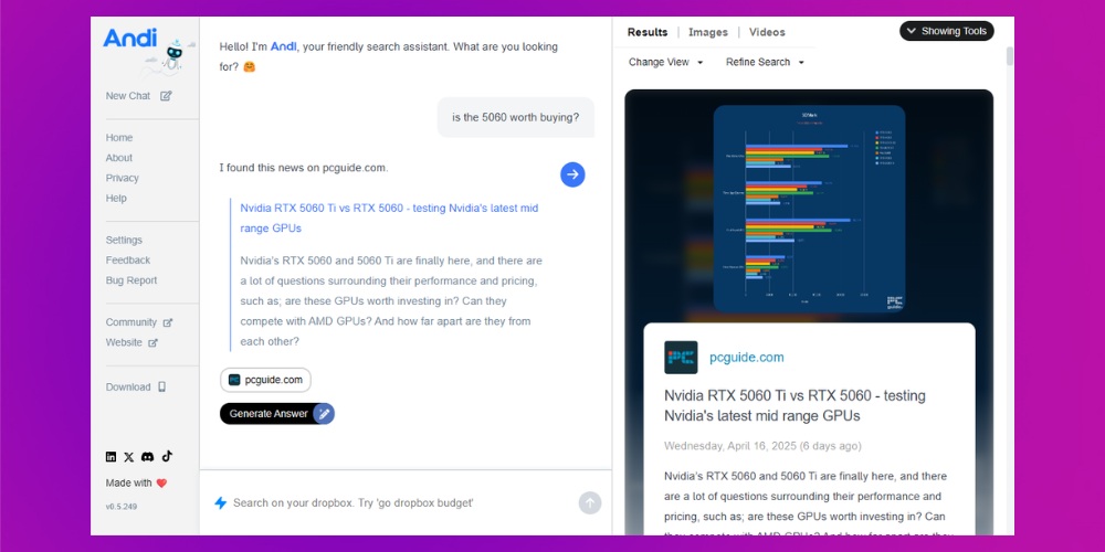 Công cụ AI Search Engine Andi