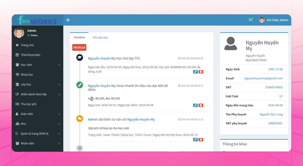 Nền tảng CRM cho trung tâm giáo dục Faceworks