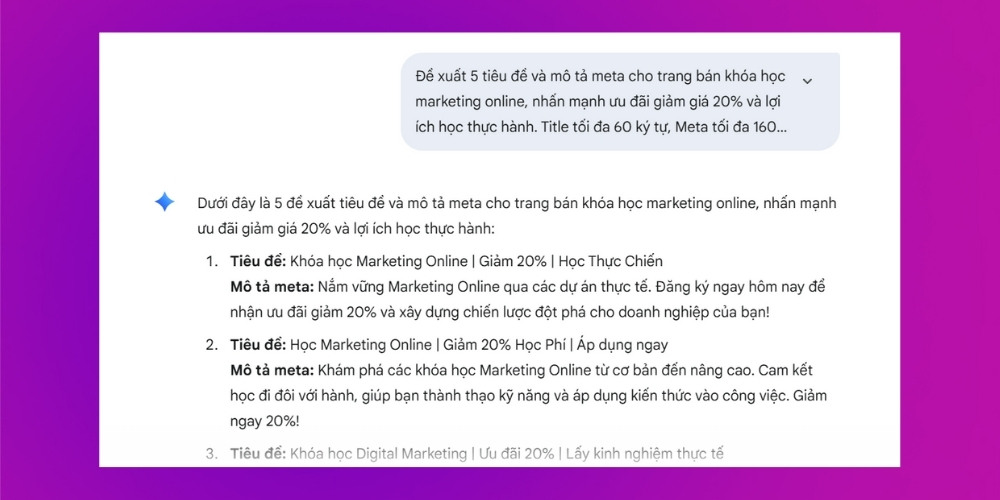 Viết mô tả và tiêu điều chuẩn SEO trên Gemini
