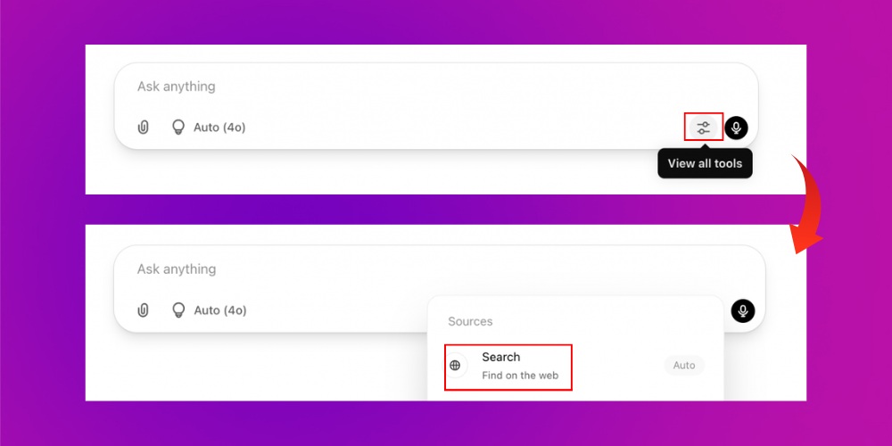 Vào phần tools và chọn chế độ Web search trong SearchGPT Vào phần tools và chọn chế độ Web search trong SearchGPT