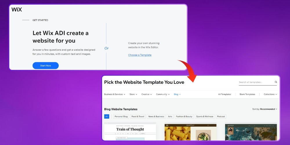 Bước 2 - Chọn Get Started và chọn loại thiết kế trong wix