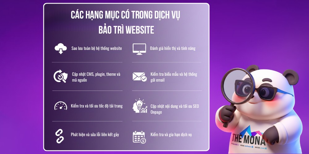 Một số hạng mục trong dịch vụ bảo trì website