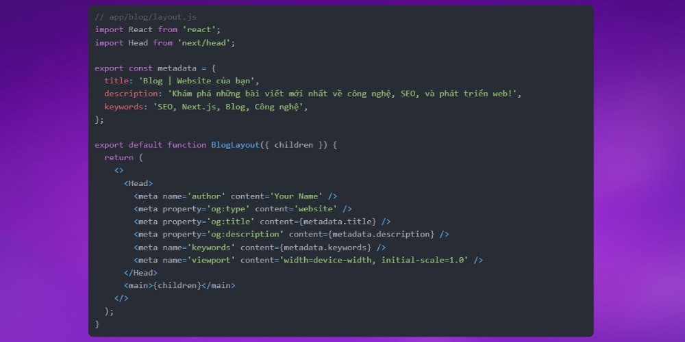 Cách cấu hình SEO trong phần Layout Nextjs