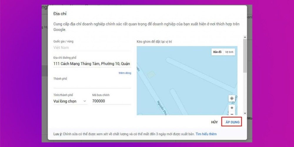 Phóng to bản đồ và nhấn áp dụng