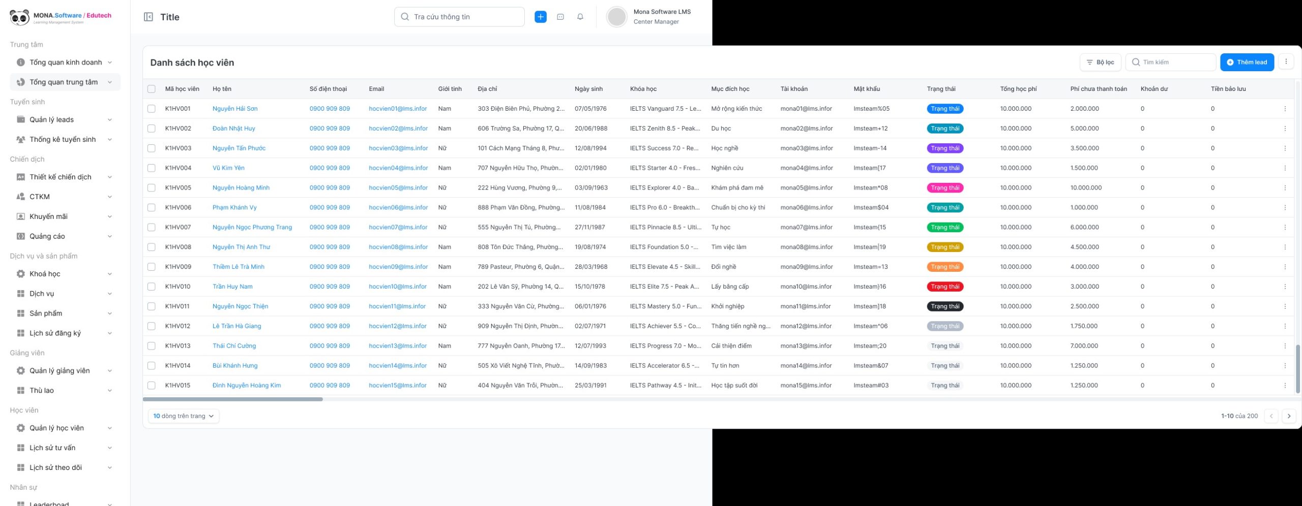 Tính năng quản lý học viên