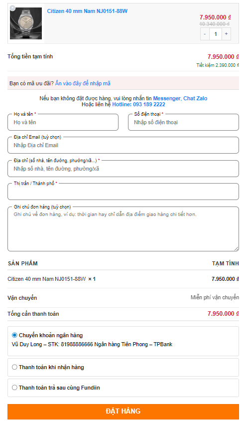 Làm web bán đồng hồ với form đặt hàng nhanh chóng, tiện lợi