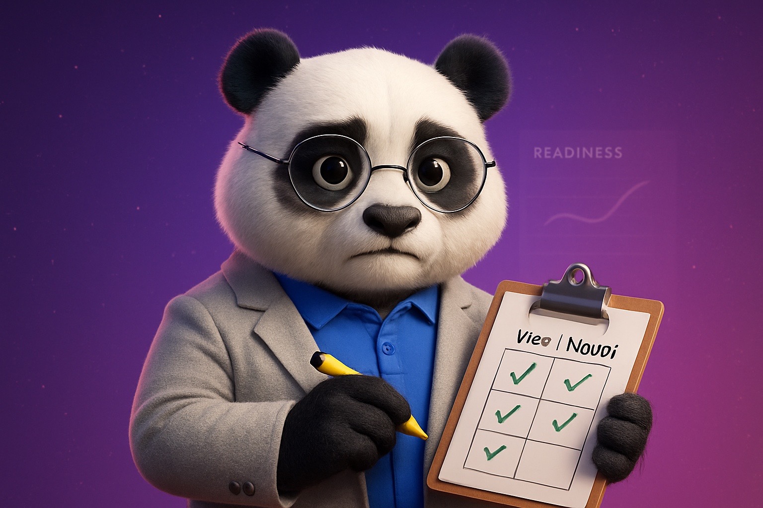 AI audit doanh nghiệp 2026 Panda audit cầm clipboard với bảng việc người máy, AI audit doanh nghiệp