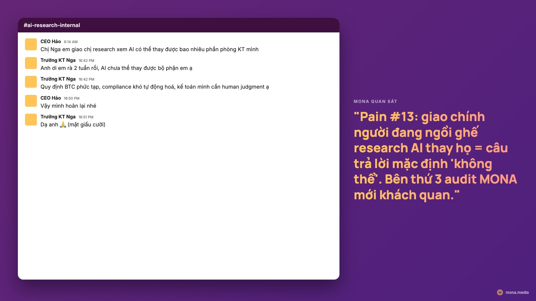 Meme conflict of interest Meme Slack conflict of interest khi giao nhân viên research AI thay chính họ, AI audit doanh nghiệp