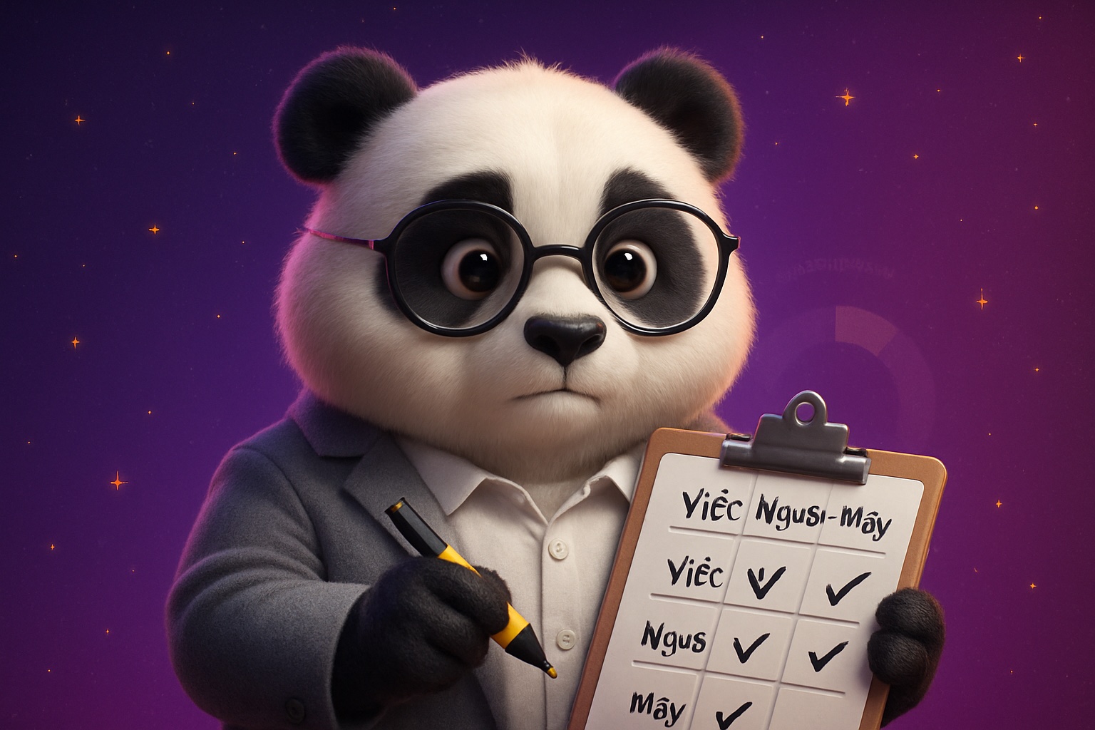 Panda audit cầm clipboard với bảng việc người máy, AI audit doanh nghiệp