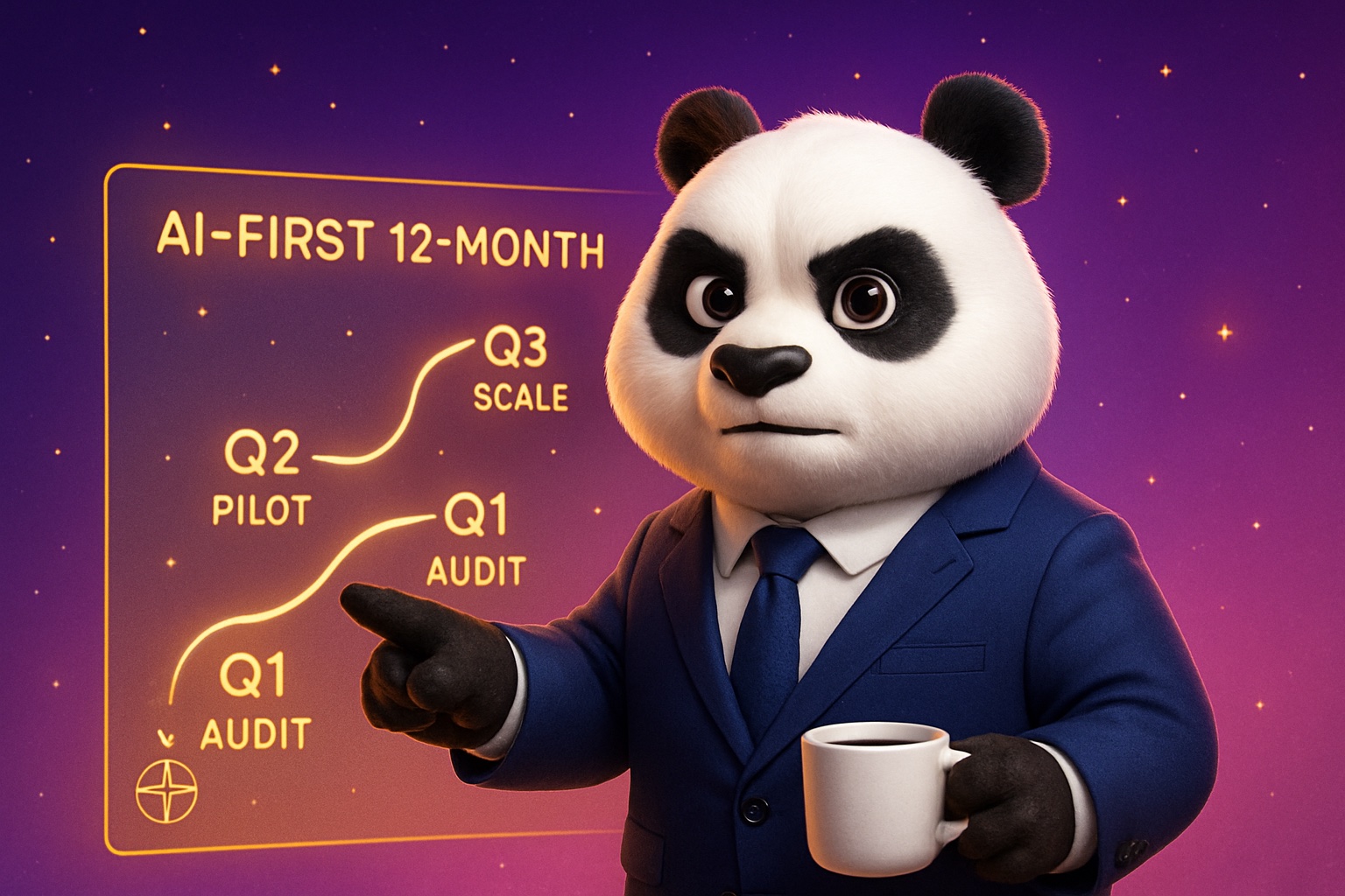 Panda CEO cầm bản đồ lộ trình AI-First 12 tháng 4 quý milestone, lộ trình AI-First doanh nghiệp
