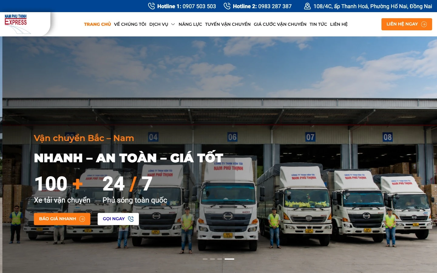 Màn hero website Nam Phú Thịnh Express với đoàn xe tải trước kho và nút báo giá nhanh