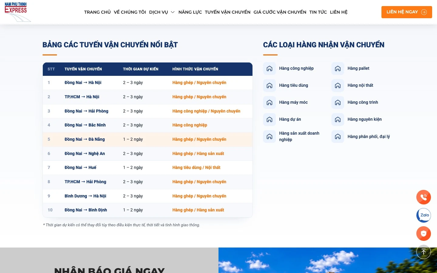 Bảng tuyến vận chuyển kèm thời gian dự kiến và các loại hàng nhận chở