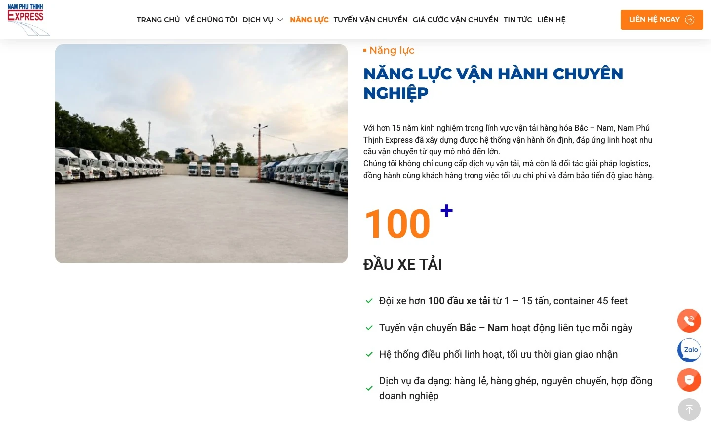 Trang năng lực vận hành với bãi xe và đội xe từ 1 đến 15 tấn