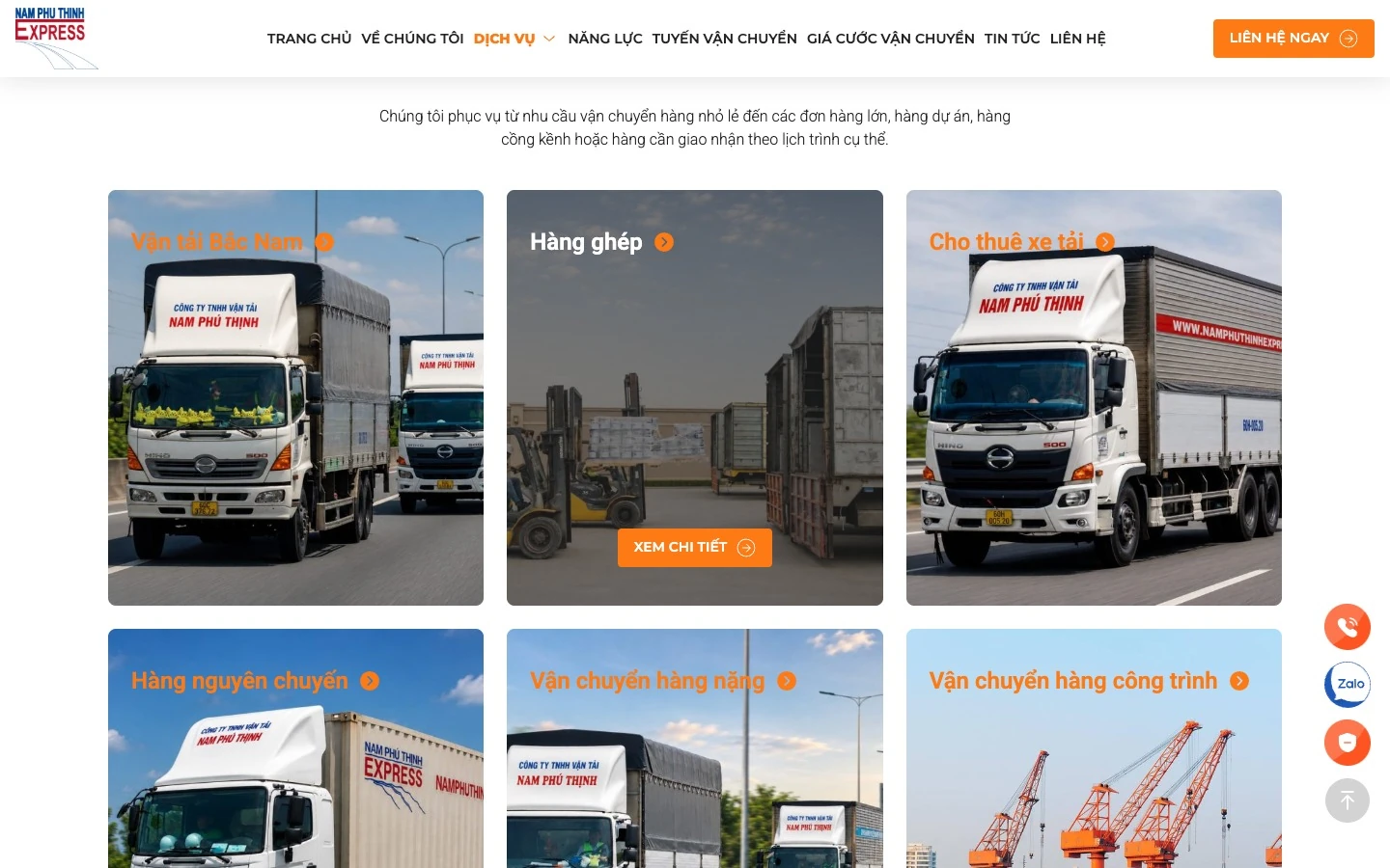 Trang danh sách dịch vụ gồm thuê xe tải, hàng ghép, nguyên chuyến và hàng công trình