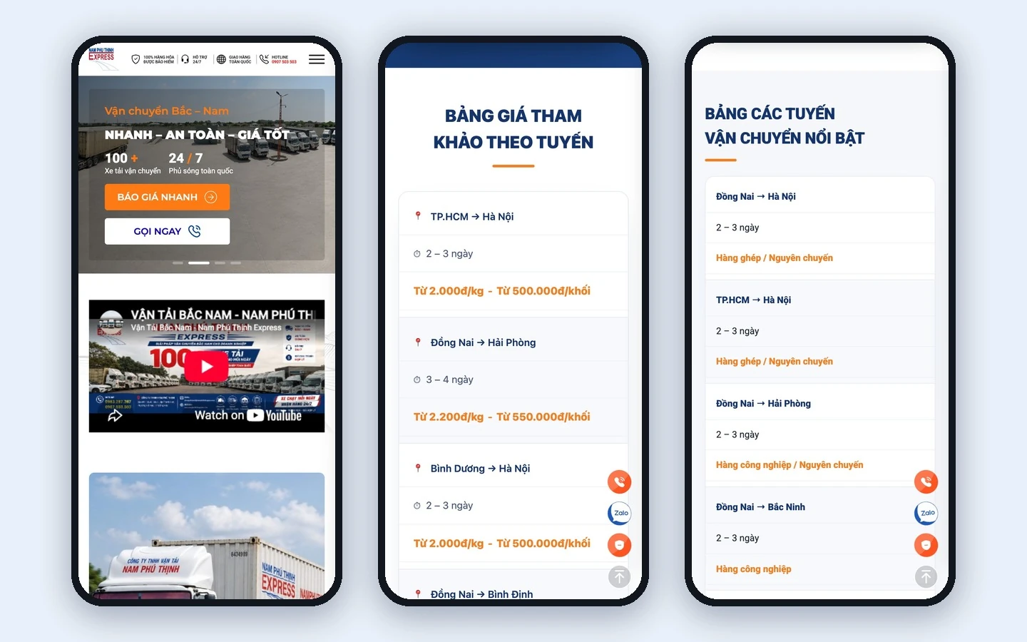 Ba màn mobile Nam Phú Thịnh: hero, bảng giá theo tuyến và bảng tuyến vận chuyển
