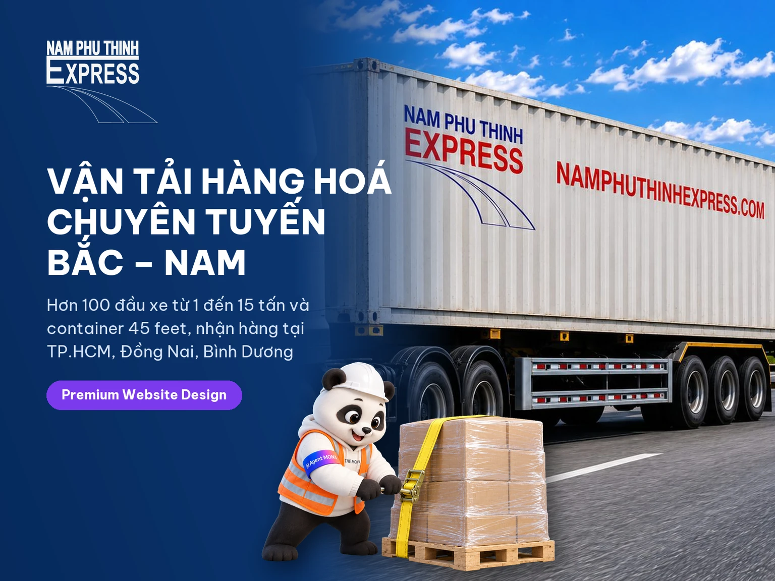 Gấu MONA mặc áo phản quang siết dây chằng pallet trên thẻ dự án website Nam Phú Thịnh Express