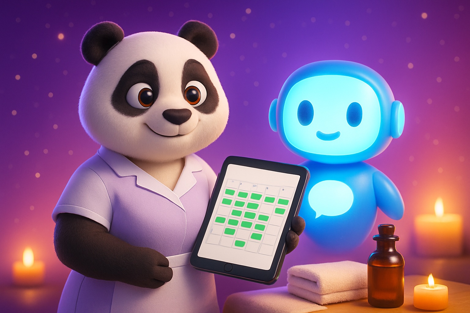 Panda spa technician cầm tablet đặt lịch, bot Zalo đặt khách bên cạnh, tự động hoá quy trình spa