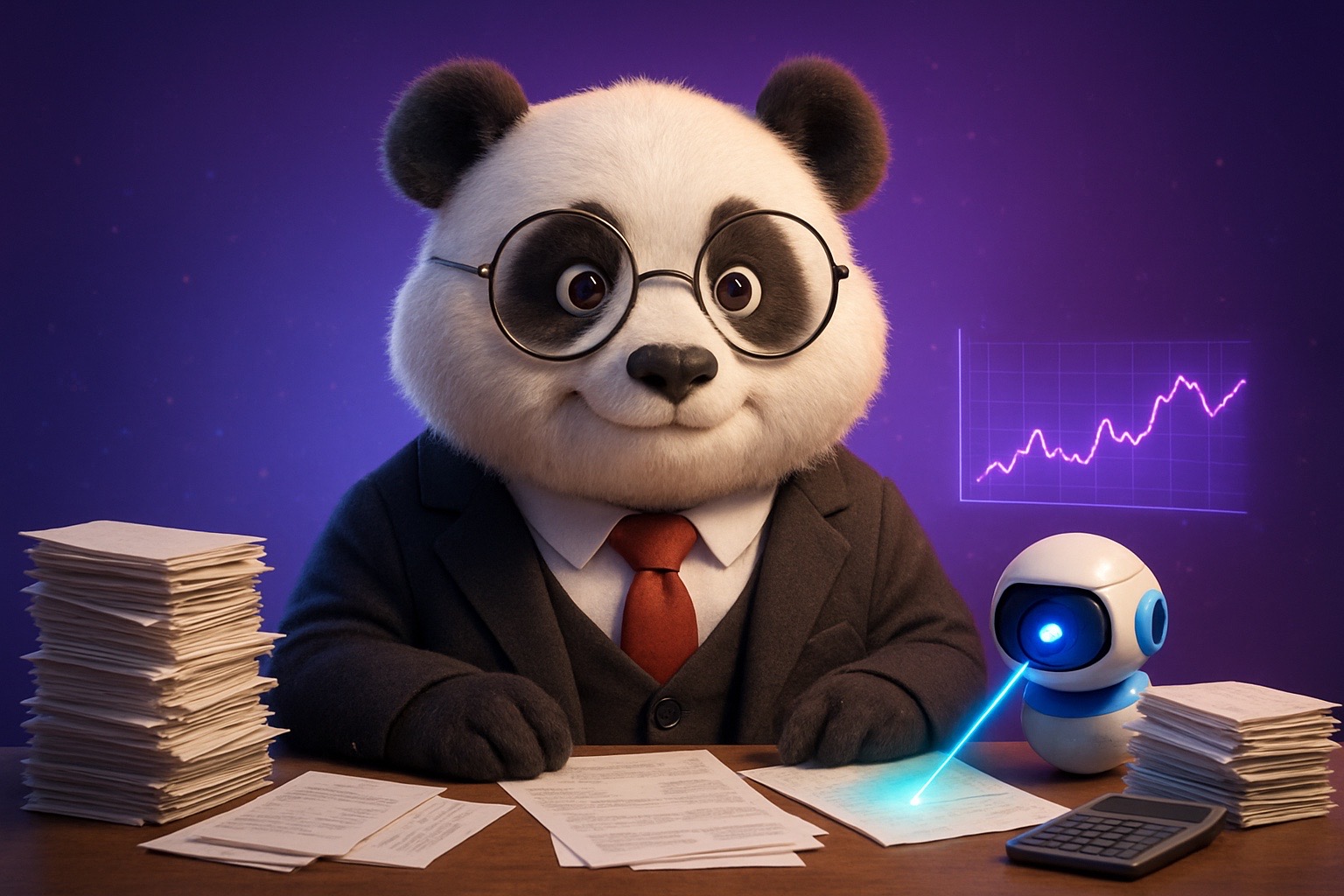 Panda kế toán nhìn stack hoá đơn, bot OCR đọc từng tờ bên cạnh, ứng dụng AI cho phòng kế toán