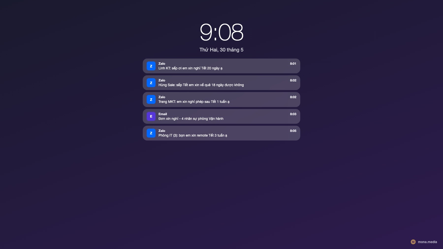 Meme iOS notification 5 nhân viên xin nghỉ Tết 20 ngày cùng giờ, pain HR ứng dụng AI cho phòng nhân sự