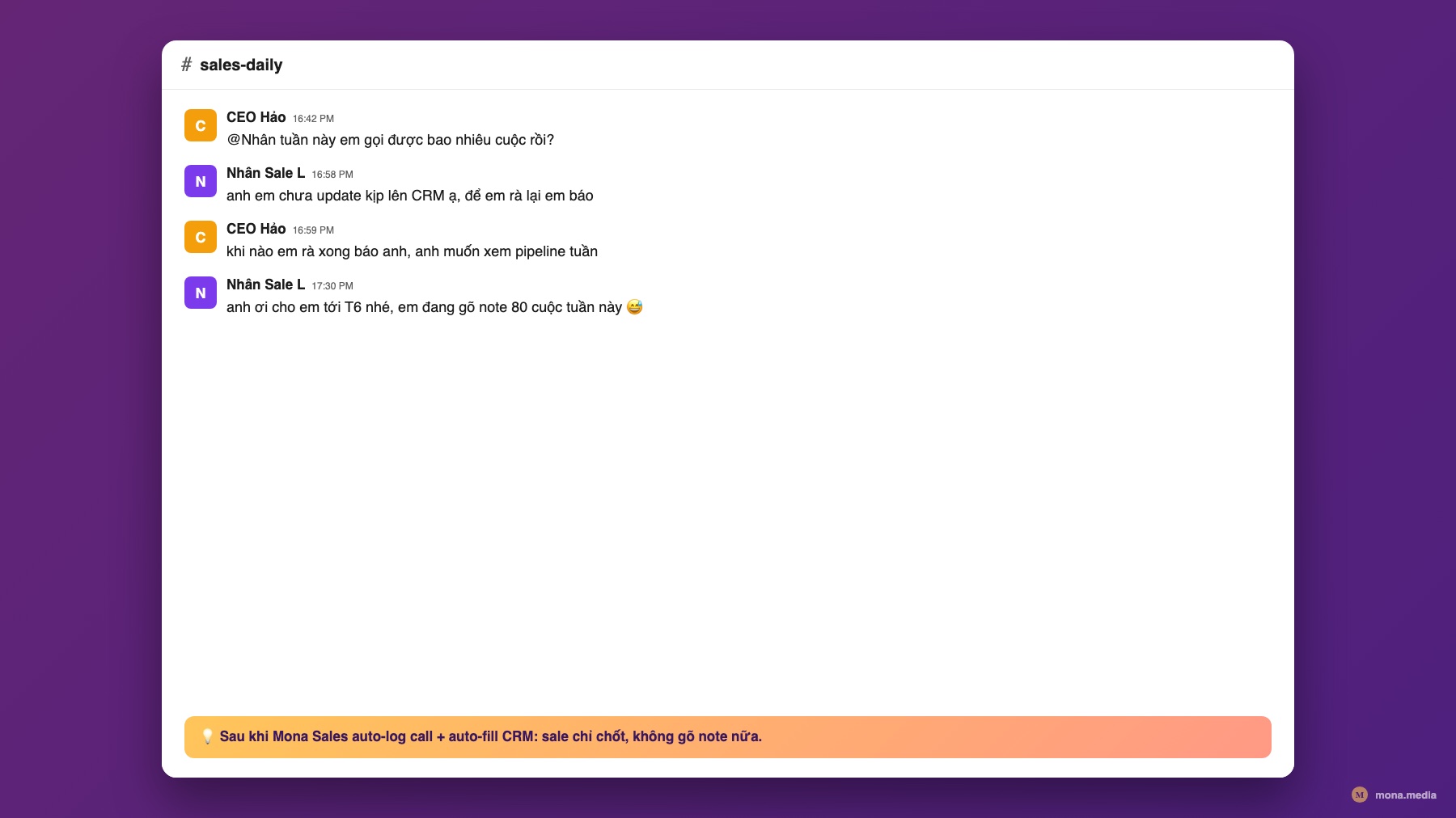 Meme Slack CEO hỏi tuần này gọi mấy cuộc sale bảo đang update CRM ứng dụng AI cho phòng sale
