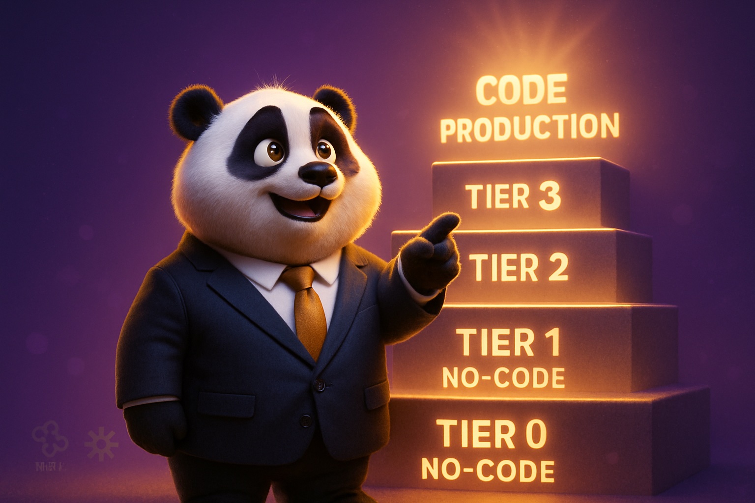 Panda CEO đứng giữa 3 tầng no-code low-code custom workflow tự động hoá doanh nghiệp