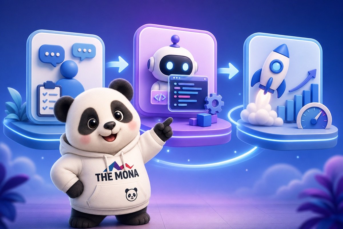 Quy trình 3 bước hợp tác với MONA để triển khai AI Agent bán hàng.