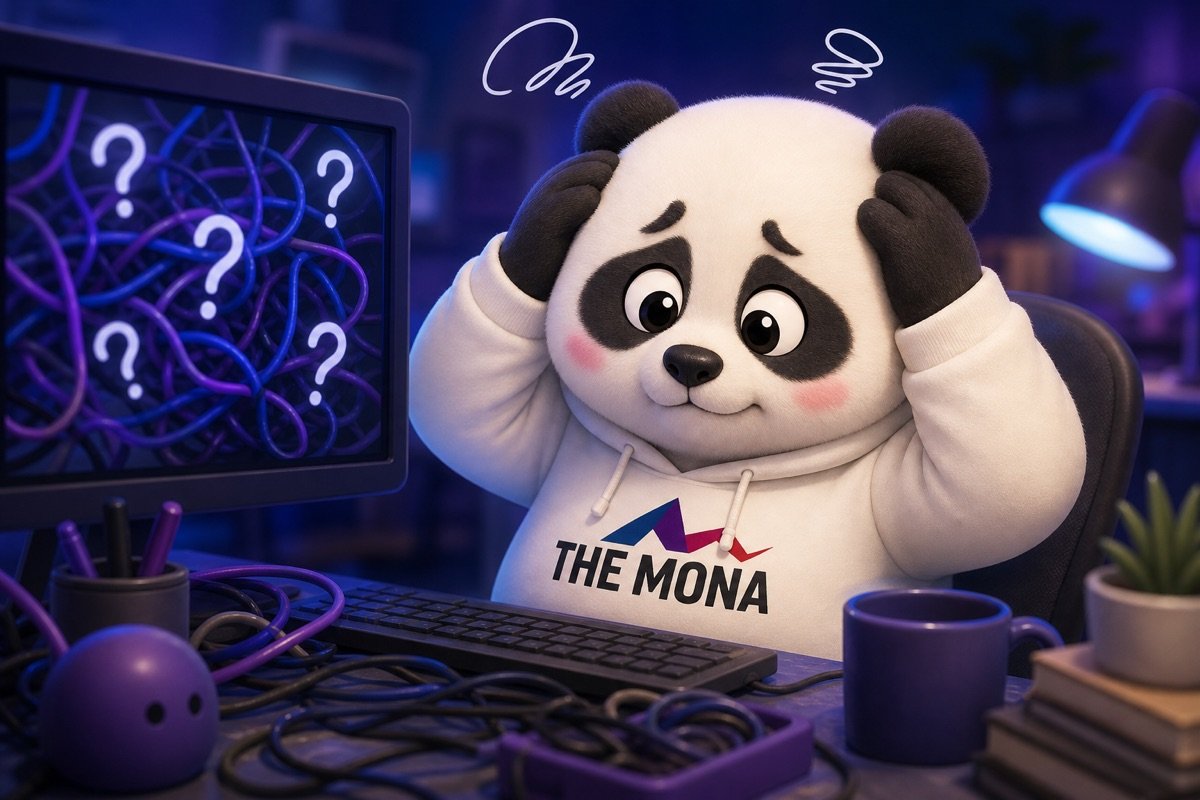Chú gấu MONA mệt mỏi và bối rối trước hệ thống quản lý công nợ thủ công phức tạp, minh họa nỗi đau 'confused vs hype'.
