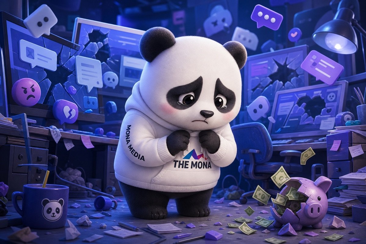 Gấu trúc buồn bã, rũ rượi trong văn phòng hỗn loạn với các chatbot lỗi thời, tiền bạc thất thoát, minh họa sai lầm khi dùng chatbot có sẵn cho chăm sóc khách hàng.