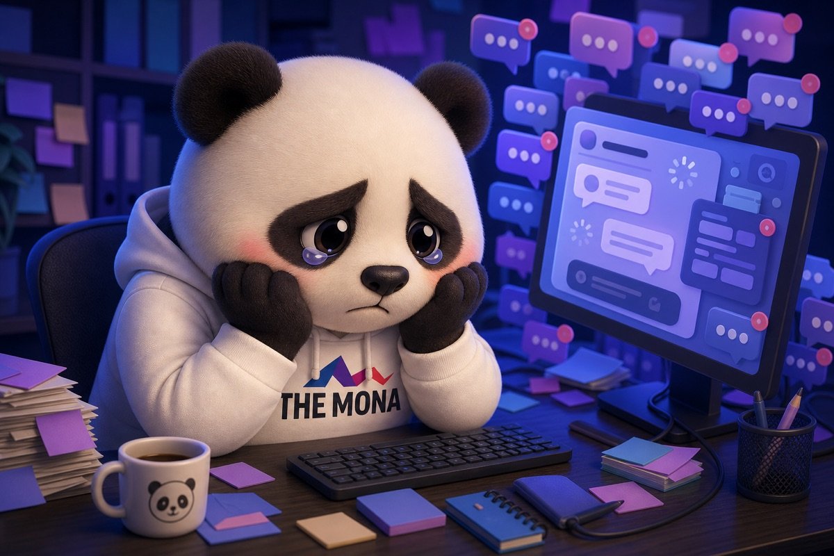 Gấu trúc buồn bã ngồi trước màn hình máy tính hiển thị chatbot cứng nhắc và hàng loạt phàn nàn của khách hàng, nhấn mạnh vấn đề khi dùng AI kém hiệu quả.