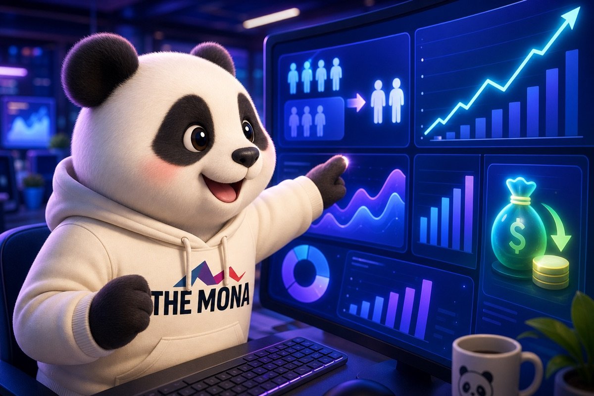 Gấu trúc nhìn màn hình dashboard hiển thị hiệu quả của AI agent nội bộ, giảm chi phí nhân sự.