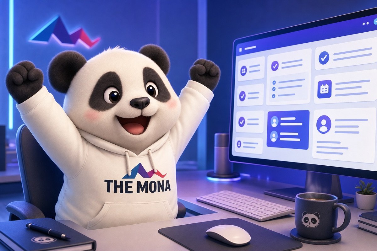 Chú gấu CEO nhẹ nhõm, vui vẻ làm việc tại bàn với màn hình hiển thị tóm tắt thông tin hiệu quả, thoát khỏi gánh nặng email.
