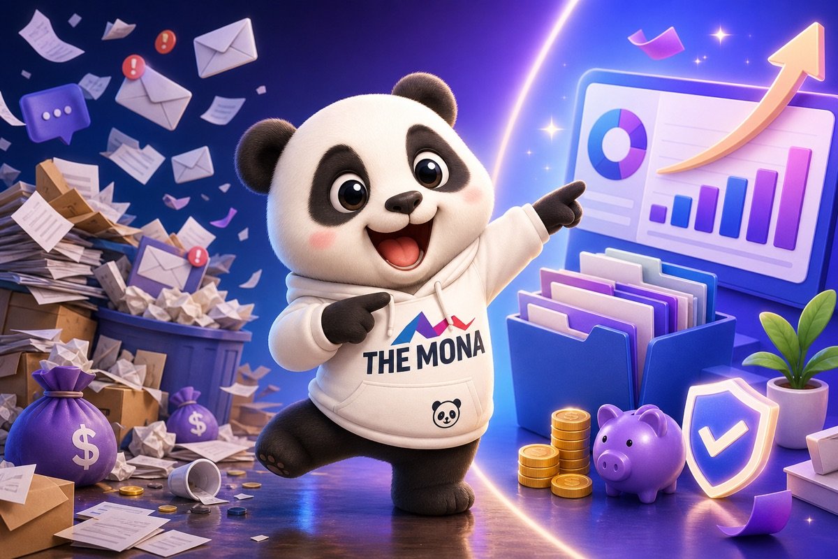Chú gấu CEO hào hứng chỉ vào con số tiết kiệm tiền, so sánh cảnh lộn xộn trước khi có AI agent tóm tắt email và sự ngăn nắp sau đó.