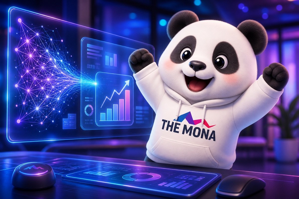 Chú gấu CEO với vẻ mặt bớt bối rối, đang nhìn vào màn hình hiển thị thông tin rõ ràng từ phần mềm tự động hóa, giải tỏa sự nhầm lẫn về công nghệ AI.