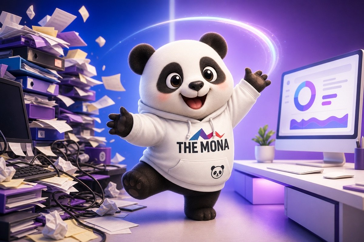 Chú gấu CEO tươi cười dang tay mời gọi, đứng giữa hai cảnh tượng: một bên là bàn làm việc bừa bộn và một bên là không gian ngăn nắp nhờ AI agent tóm tắt email.