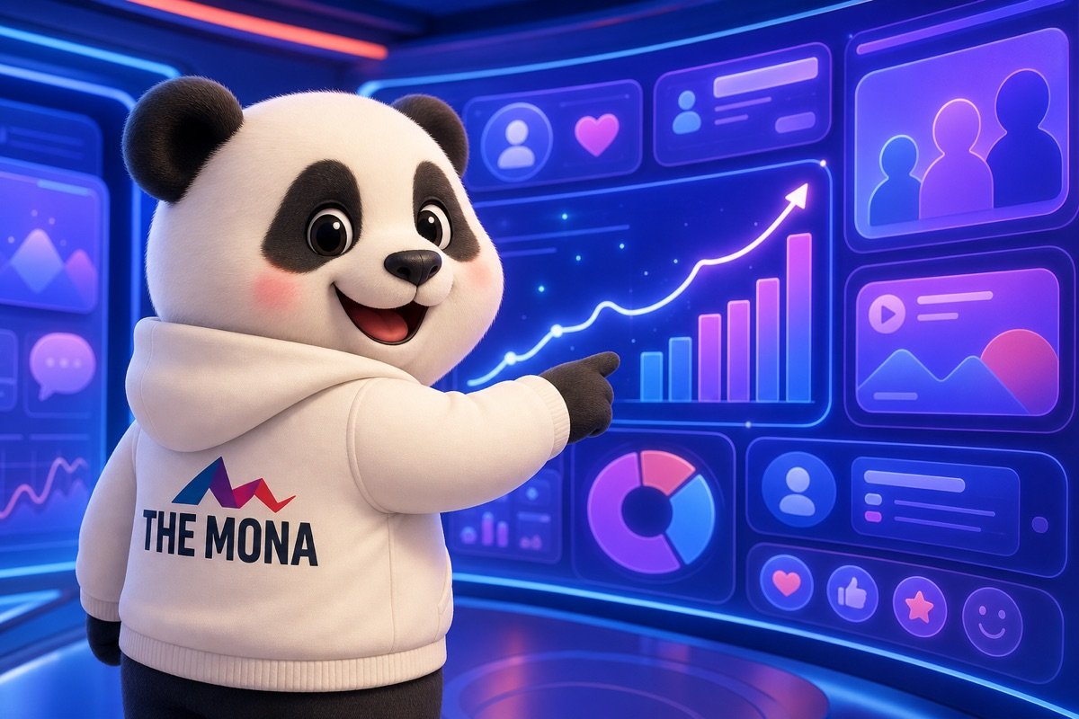 Panda hạnh phúc xem bảng điều khiển website AI hiển thị khách hàng tương tác cao.