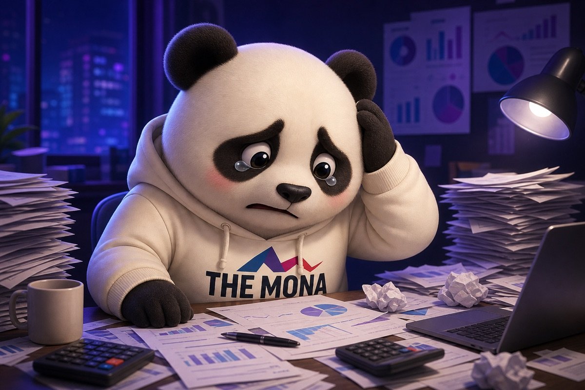 Gấu trúc CEO lo lắng, rũ rượi nhìn hóa đơn chồng chất, thể hiện nỗi đau về tiền chảy ra trước khi có hiệu suất đầu tư tự động hóa.