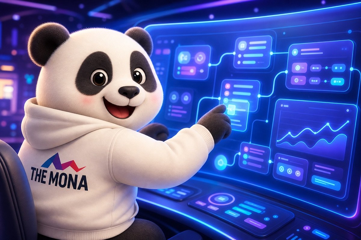 Chủ doanh nghiệp panda vui mừng nhìn bảng điều khiển tự động hóa hiệu quả từ công ty ứng dụng AI.