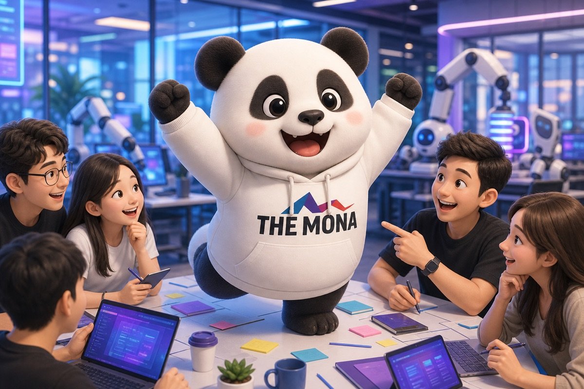 Gấu trúc vui vẻ trong văn phòng hiện đại, máy móc tự động hóa các việc lặp lại, giúp nhân sự tập trung sáng tạo, nâng cao hiệu suất.