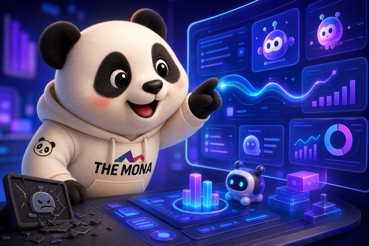 Gấu trúc mỉm cười nhìn màn hình hiển thị hoạt động của AI Agent, làm rõ khái niệm AI Agent là gì.