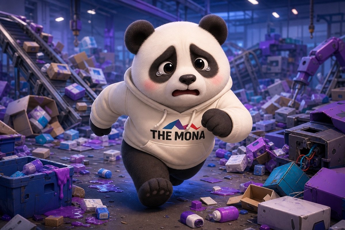 Chú gấu MONA lo lắng chạy giữa nhà máy bừa bộn, minh họa chi phí sản xuất đội cao và lợi nhuận bị thất thoát.