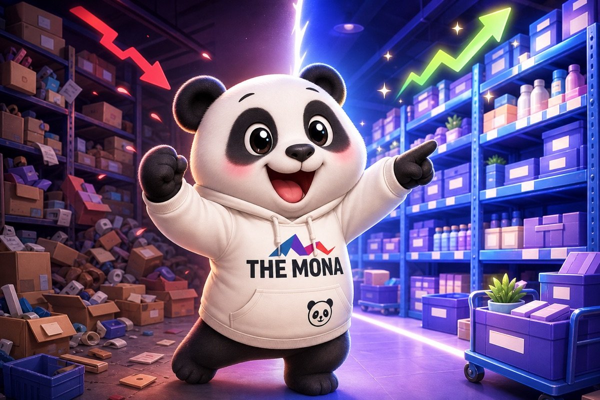 Chú gấu MONA hào hứng chỉ vào con số lợi nhuận sau khi áp dụng báo cáo BI, so sánh với tình trạng lãng phí trước đây.