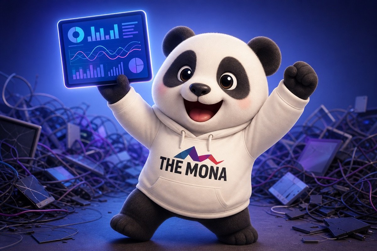 Chú gấu MONA hài lòng khi dữ liệu được đồng bộ, thể hiện sự rõ ràng sau khi giải quyết vấn đề phân mảnh dữ liệu với báo cáo BI.